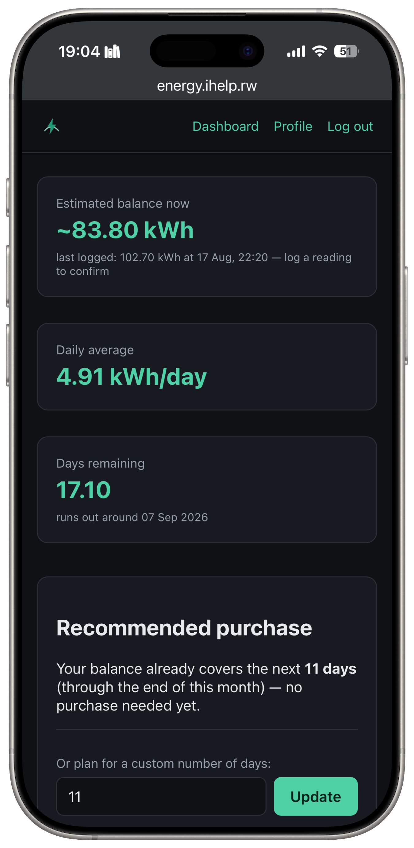 MyCashPower dashboard on an iPhone, showing estimated balance, daily average usage, days remaining, and a recommended purchase